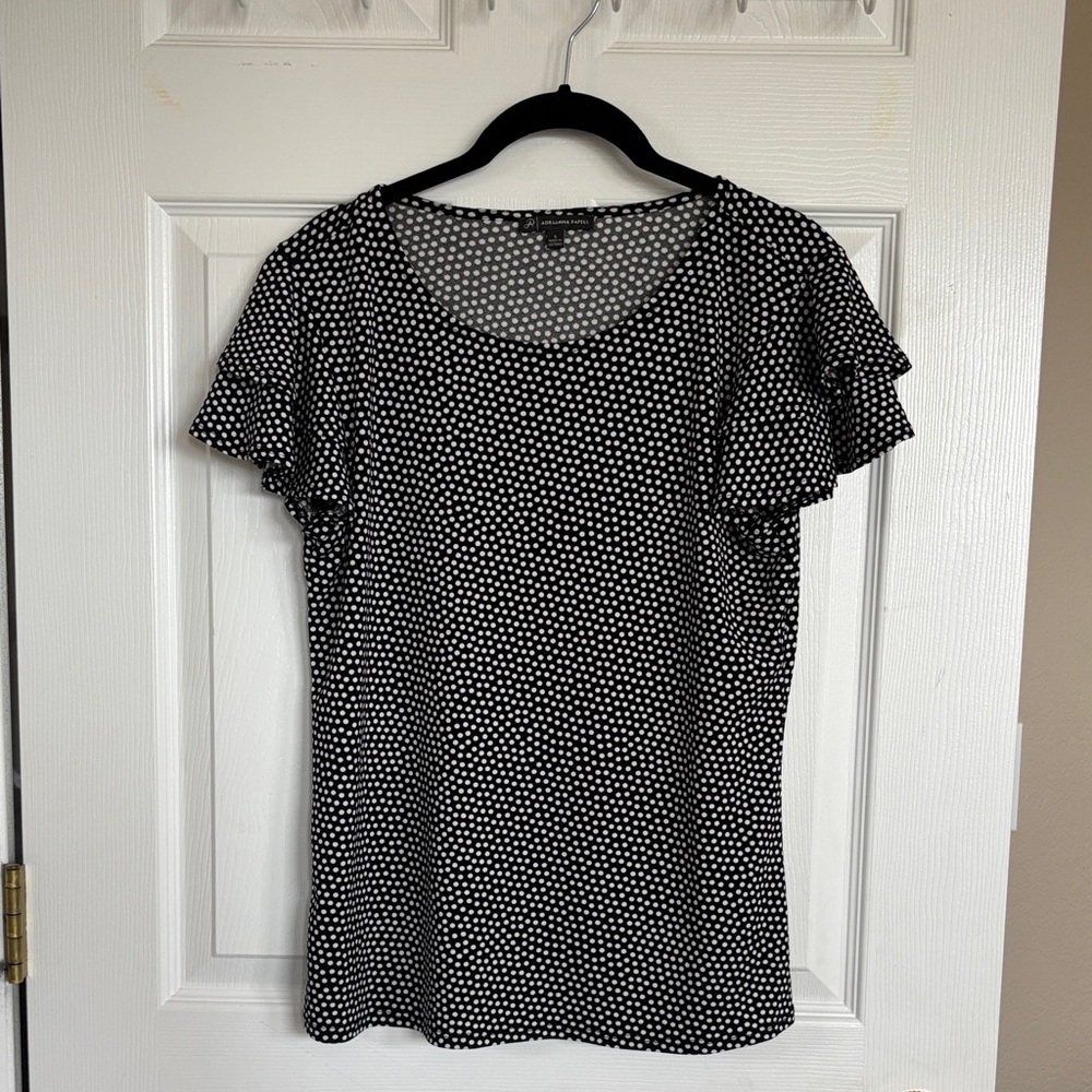 Adrianna Papell Black & White Polka Dot Ruffle Sleeve Top